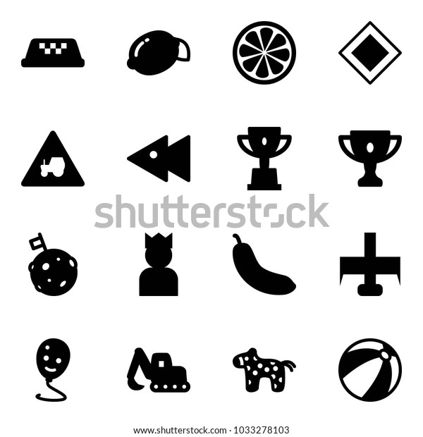 Solid vector icon set - taxi vector, lemon, slice,
main road sign, tractor way, fast backward, win cup, gold, moon
flag, king, banana, milling cutter, balloon smile, excavator toy,
horse, beach ball