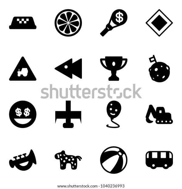 Solid vector icon set - taxi vector, lemon slice,
money torch, main road sign, tractor way, fast backward, gold cup,
moon flag, smile, milling cutter, balloon, excavator toy, horn,
horse, beach ball