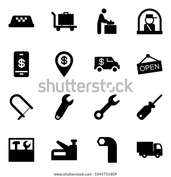 Solid vector icon set - taxi vector, baggage, baby\
room, officer window, mobile payment, dollar pin, encashment car,\
open, fretsaw, wrench, screwdriver, tool box, stapler, allen key,\
truck toy
