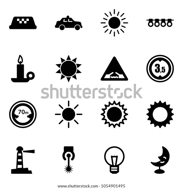 Solid vector icon set - taxi vector,\
safety car, sun, garland, candle, drawbridge road sign, limited\
height, distance, lighthouse, laser, bulb, moon\
lamp