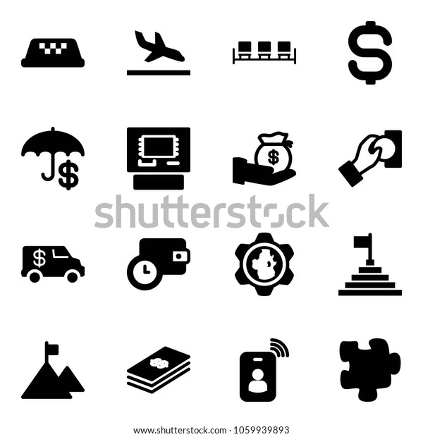 Solid vector icon set - taxi vector, arrival,
waiting area, dollar sign, insurance, atm, investment, cash pay,
encashment car, wallet time, gear globe, pyramid flag, mountain,
identity card, puzzle