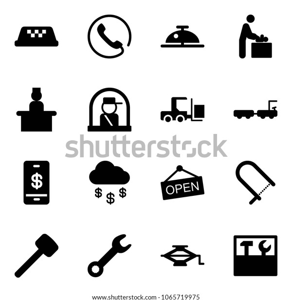 Solid vector icon set - taxi vector, phone, client\
bell, baby room, recieptionist, officer window, fork loader,\
baggage truck, mobile payment, money rain, open, fretsaw, rubber\
hammer, wrench, jack