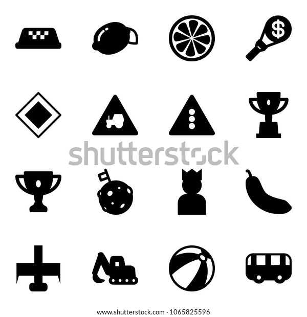 Solid vector icon set - taxi vector, lemon, slice,\
money torch, main road sign, tractor way, traffic light, win cup,\
gold, moon flag, king, banana, milling cutter, excavator toy, beach\
ball, bus