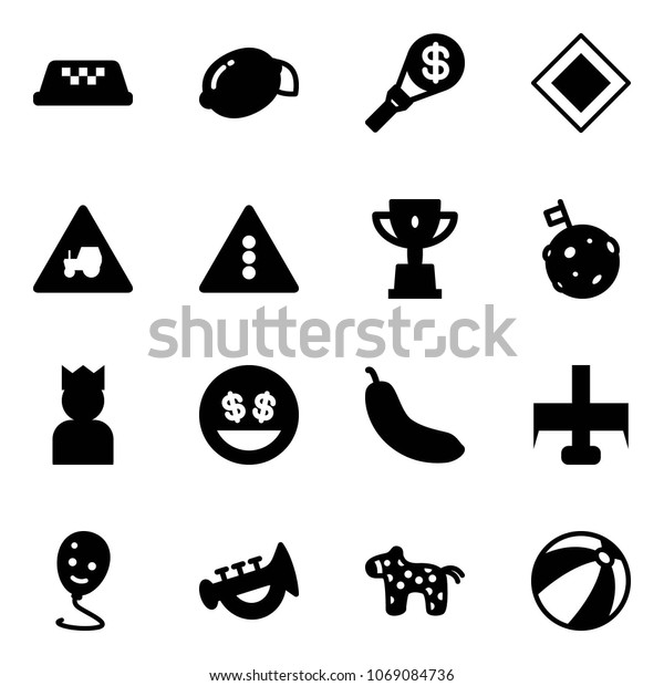 Solid vector icon set - taxi vector, lemon, money\
torch, main road sign, tractor way, traffic light, win cup, moon\
flag, king, smile, banana, milling cutter, balloon, horn toy,\
horse, beach ball
