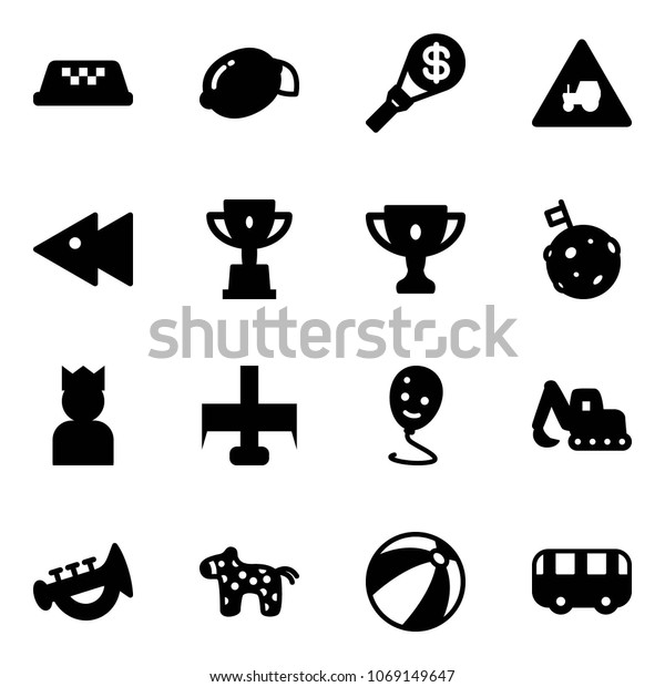 Solid vector icon set - taxi vector, lemon, money\
torch, tractor way road sign, fast backward, win cup, gold, moon\
flag, king, milling cutter, balloon smile, excavator toy, horn,\
horse, beach ball