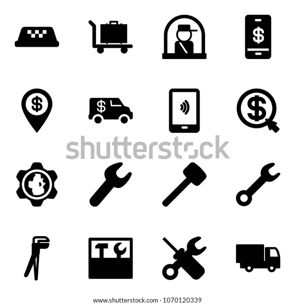 Solid vector icon set - taxi vector, baggage, officer\
window, mobile payment, dollar pin, encashment car, money click,\
gear globe, wrench, rubber hammer, plumber, tool box, screwdriver,\
truck toy