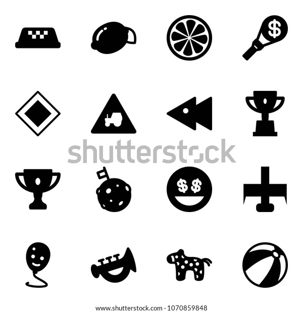 Solid vector icon set - taxi vector, lemon, slice,
money torch, main road sign, tractor way, fast backward, win cup,
gold, moon flag, smile, milling cutter, balloon, horn toy, horse,
beach ball