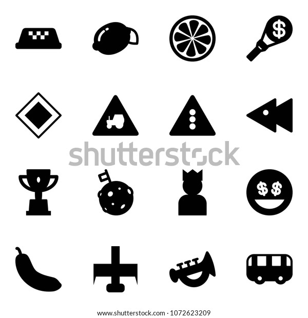Solid vector icon set - taxi vector, lemon, slice,
money torch, main road sign, tractor way, traffic light, fast
backward, win cup, moon flag, king, smile, banana, milling cutter,
horn toy, bus