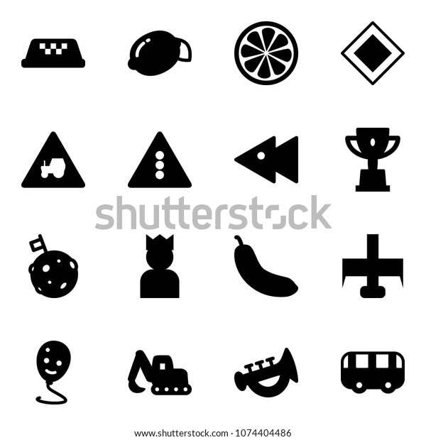 Solid vector icon set - taxi vector, lemon, slice,
main road sign, tractor way, traffic light, fast backward, win cup,
moon flag, king, banana, milling cutter, balloon smile, excavator
toy, horn