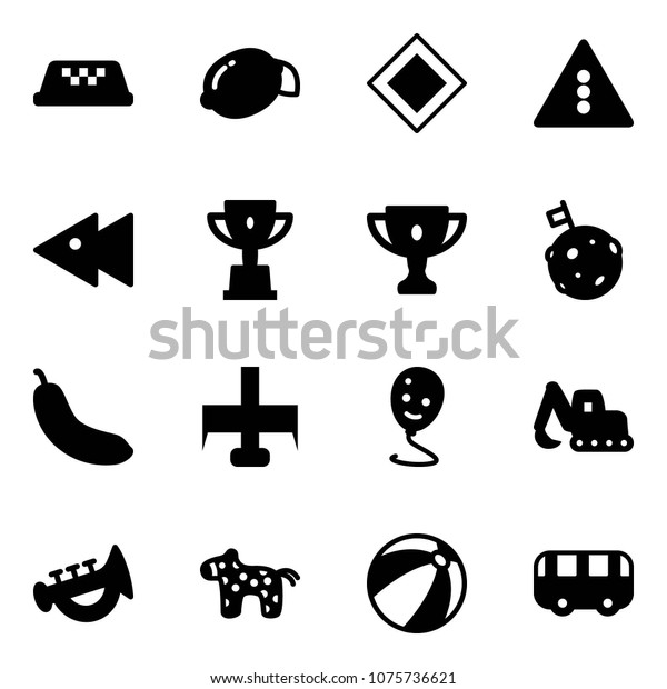 Solid vector icon set - taxi vector, lemon, main road
sign, traffic light, fast backward, win cup, gold, moon flag,
banana, milling cutter, balloon smile, excavator toy, horn, horse,
beach ball, bus