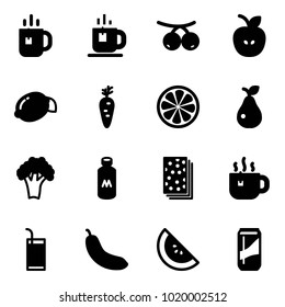 Solid vector icon set - tea vector, rowanberry, apple, lemon, carrot, slice, pear, broccoli, milk, breads, hot, drink, banana, watermelone