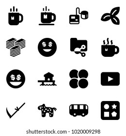 Solid vector icon set - tea vector, tonometer, three leafs, big cash, dollar smile, shared folder, hot, money, bungalow, atom core, playback, scythe, toy horse, bus, cube hole