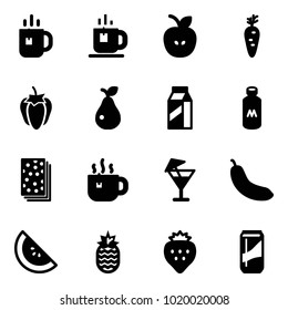 Solid vector icon set - tea vector, apple, carrot, sweet pepper, pear, milk, breads, hot, drink, banana, watermelone, pineapple, strawberry