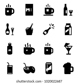 Solid vector icon set - tea vector, coffee machine, wine, champagne, milk, hot, green, drink, coconut cocktail, beer