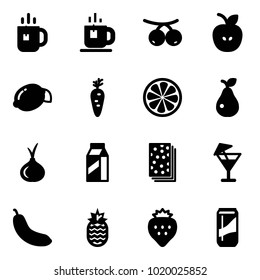 Solid vector icon set - tea vector, rowanberry, apple, lemon, carrot, slice, pear, onion, milk, breads, drink, banana, pineapple, strawberry