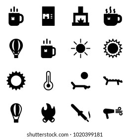 Solid vector icon set - tea vector, coffee machine, fireplace, hot, air balloon, green, sun, thermometer, lounger, fire, soldering iron, dryer