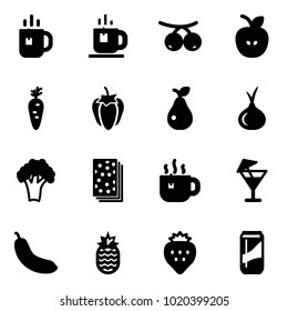 Solid vector icon set - tea vector, rowanberry, apple, carrot, sweet pepper, pear, onion, broccoli, breads, hot, drink, banana, pineapple, strawberry