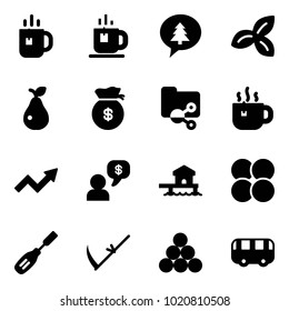 Solid vector icon set - tea vector, merry christmas message, three leafs, pear, money bag, shared folder, hot, growth arrow, dialog, bungalow, atom core, chisel, scythe, billiards balls, toy bus