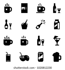 Solid vector icon set - tea vector, coffee machine, wine, champagne, milk, hot, green, drink, coconut cocktail, beer