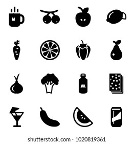 Solid vector icon set - tea vector, rowanberry, apple, lemon, carrot, slice, sweet pepper, pear, onion, broccoli, milk, breads, drink, banana, watermelone