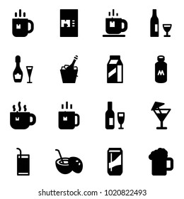 Solid vector icon set - tea vector, coffee machine, wine, champagne, milk, hot, green, drink, coconut cocktail, beer