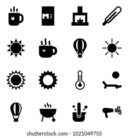 Solid vector icon set - tea vector, coffee machine, fireplace, thermometer, sun, hot, air balloon, lounger, grill, casting of steel, dryer