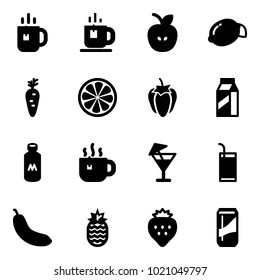 Solid vector icon set - tea vector, apple, lemon, carrot, slice, sweet pepper, milk, hot, drink, banana, pineapple, strawberry