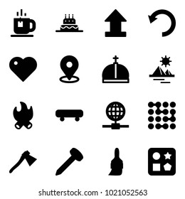 Solid vector icon set - tea vector, cake, uplooad, undo, heart, map pin, crown, pyramid, fire, skateboard, globe, circuit, axe, nail, brush, cube hole toy
