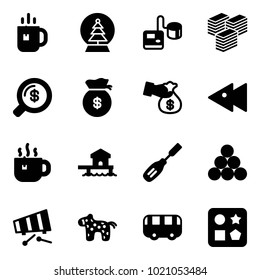Solid vector icon set - tea vector, snowball tree, tonometer, big cash, money search, bag, encashment, fast backward, hot, bungalow, chisel, billiards balls, xylophone, toy horse, bus, cube hole