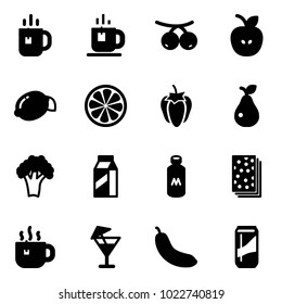 Solid vector icon set - tea vector, rowanberry, apple, lemon, slice, sweet pepper, pear, broccoli, milk, breads, hot, drink, banana