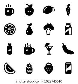 Solid vector icon set - tea vector, apple, lemon, carrot, slice, pear, broccoli, milk, hot, drink, banana, watermelone, pineapple, strawberry