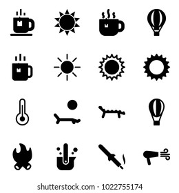 Solid vector icon set - tea vector, sun, hot, air balloon, green, thermometer, lounger, fire, casting of steel, soldering iron, dryer