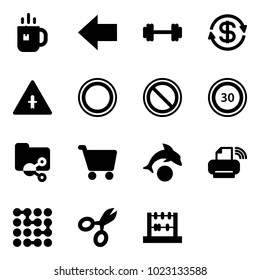 Solid vector icon set - tea vector, left arrow, barbell, dollar exchange, intersection road sign, prohibition, speed limit 30, shared folder, cart, dolphin, printer wireless, circuit, scissors