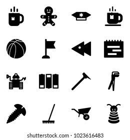 Solid vector icon set - tea vector, cake man, candy, basketball ball, flag, fast backward, terms plan, robot, battery, mason hammer, plumber, screw, rake, wheelbarrow, pyramid toy