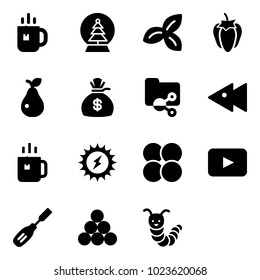 Solid vector icon set - tea vector, snowball tree, three leafs, sweet pepper, pear, money bag, shared folder, fast backward, green, sun power, atom core, playback, chisel, billiards balls