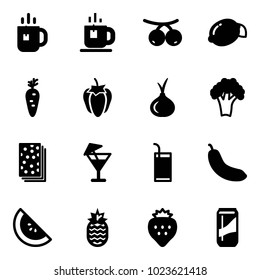 Solid vector icon set - tea vector, rowanberry, lemon, carrot, sweet pepper, onion, broccoli, breads, drink, banana, watermelone, pineapple, strawberry