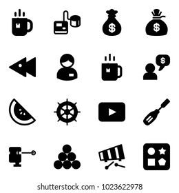 Solid vector icon set - tea vector, tonometer, money bag, fast backward, manager, green, dialog, watermelone, hand wheel, playback, chisel, laser lever, billiards balls, xylophone, cube hole toy