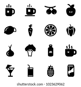 Solid vector icon set - tea vector, rowanberry, apple, lemon, carrot, slice, sweet pepper, onion, broccoli, milk, hot, drink, pineapple