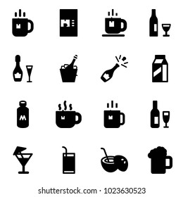 Solid vector icon set - tea vector, coffee machine, wine, champagne, milk, hot, green, drink, coconut cocktail, beer
