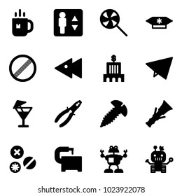 Solid vector icon set - tea vector, elevator, lollipop, candy, no limit road sign, fast backward, bank building, paper fly, drink, pliers, screw, dowel, rivet, machine tool, robot