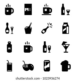 Solid vector icon set - tea vector, coffee machine, wine, champagne, milk, green, drink, coconut cocktail, beer
