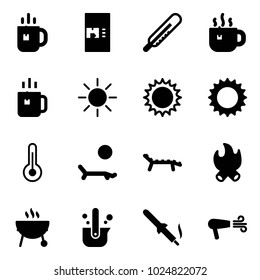 Solid vector icon set - tea vector, coffee machine, thermometer, hot, green, sun, lounger, fire, grill, casting of steel, soldering iron, dryer