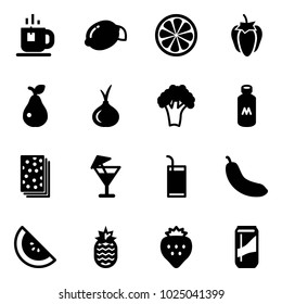 Solid vector icon set - tea vector, lemon, slice, sweet pepper, pear, onion, broccoli, milk, breads, drink, banana, watermelon, pineapple, strawberry