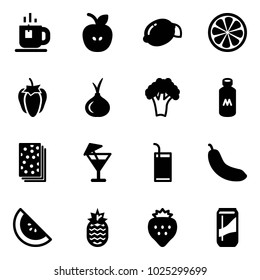 Solid vector icon set - tea vector, apple, lemon, slice, sweet pepper, onion, broccoli, milk, breads, drink, banana, watermelone, pineapple, strawberry