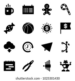 Solid vector icon set - tea vector, schedule, cake man, lollipop, candy, basketball ball, dollar sun, flag, download cloud, clock around, paper fly, bezier, terms plan, pliers, allen key set, robot