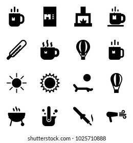 Solid vector icon set - tea vector, coffee machine, fireplace, thermometer, hot, air balloon, green, sun, lounger, grill, casting of steel, soldering iron, dryer