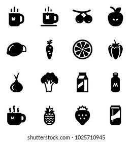 Solid vector icon set - tea vector, rowanberry, apple, lemon, carrot, slice, sweet pepper, onion, broccoli, milk, hot, pineapple, strawberry, drink
