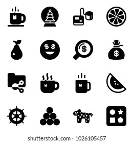 Solid vector icon set - tea vector, snowball tree, tonometer, lemon slice, pear, dollar smile, money search, bag, shared folder, hot, green, watermelone, hand wheel, billiards balls, toy horse
