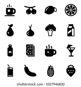 Solid vector icon set - tea vector, rowanberry, lemon, slice, pear, onion, broccoli, milk, breads, hot, drink, banana, pineapple, strawberry