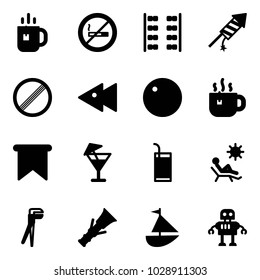 Solid vector icon set - tea vector, no smoking sign, plane seats, firework rocket, limit road, fast backward, record, hot, flag, drink, beach, plumber, dowel, sailboat toy, robot